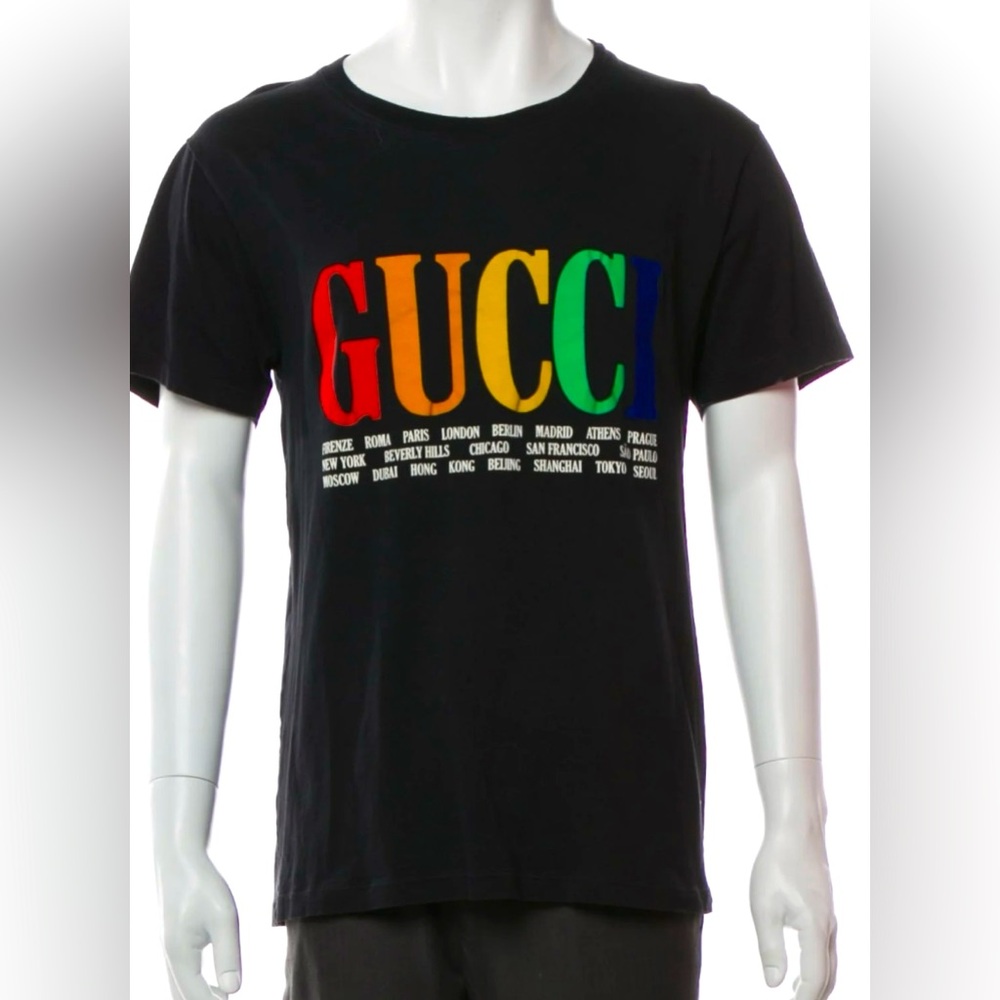 GUCCI Multicolor Logo Pattern Black T-Shirt Short Sleeve Size XLMens